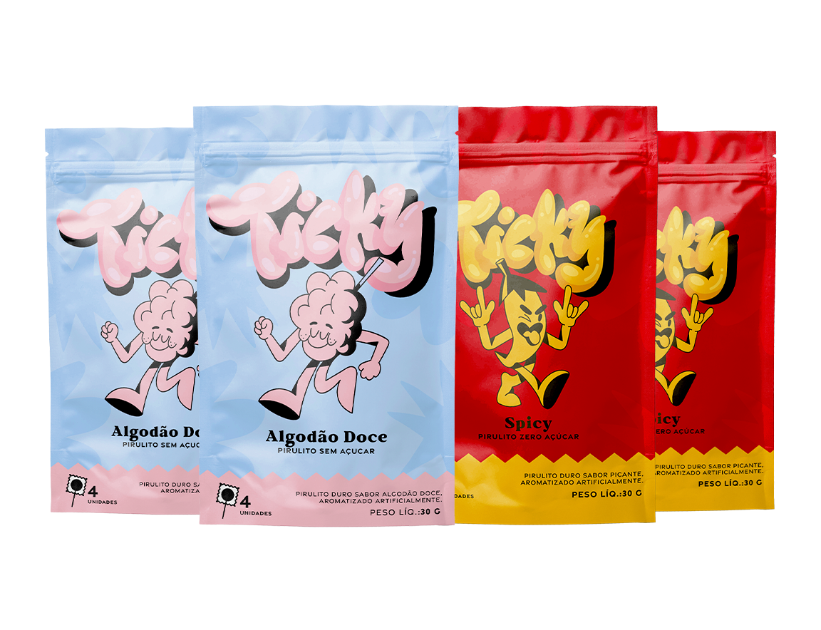 Pirulito Zero Açúcar - Mix (Algodão Doce e Spicy) - Pack 4 Pouches (16 Unidades)