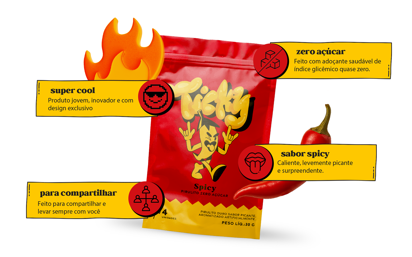 Pirulito Zero Açúcar - Sabor Spicy - Pack 4 Pouches (16 Unidades)